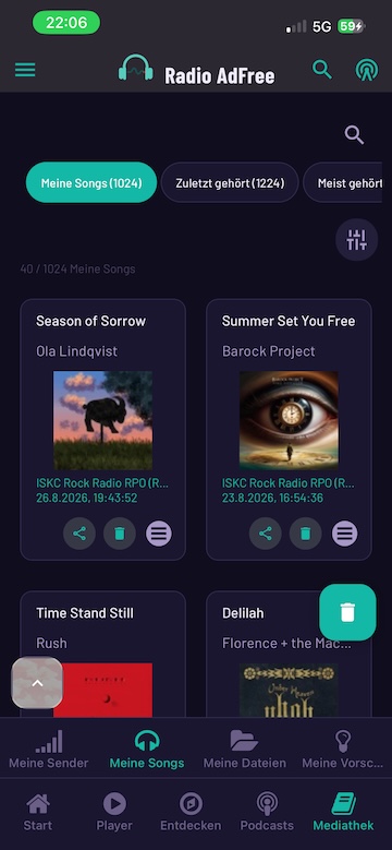 Radio Adfree Song-Verlauf mit Spotify und YouTube Links