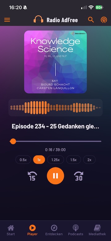 Radio Adfree Podcast Player mit Fortschritts-Tracking