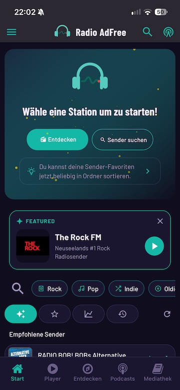 Radio Adfree Startseite - werbefreie Radio App ohne Werbung